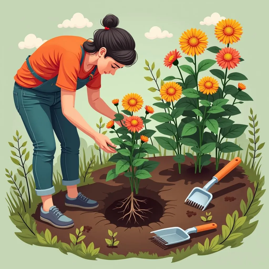 Gently Planting Chrysanthemums in the Garden