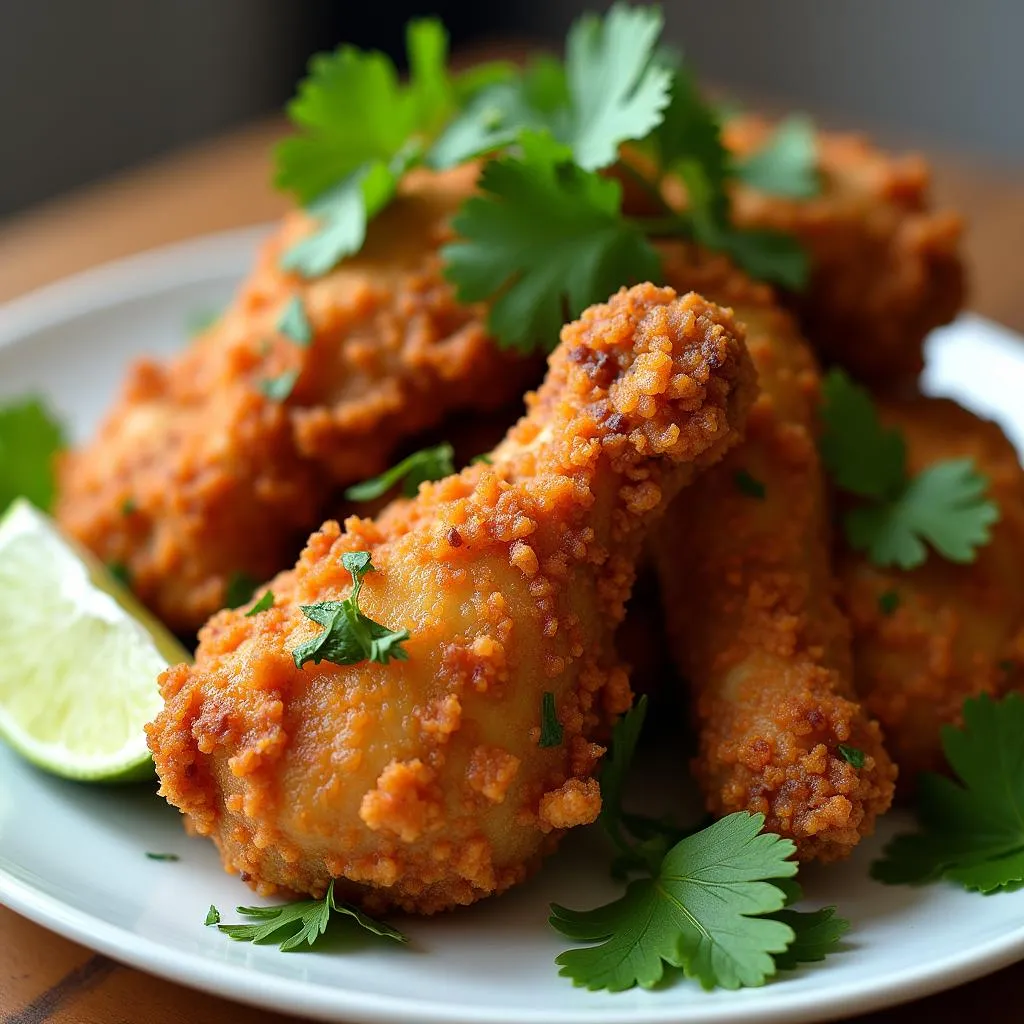 A plate of Hanoi fried chicken, garnished with herbs.