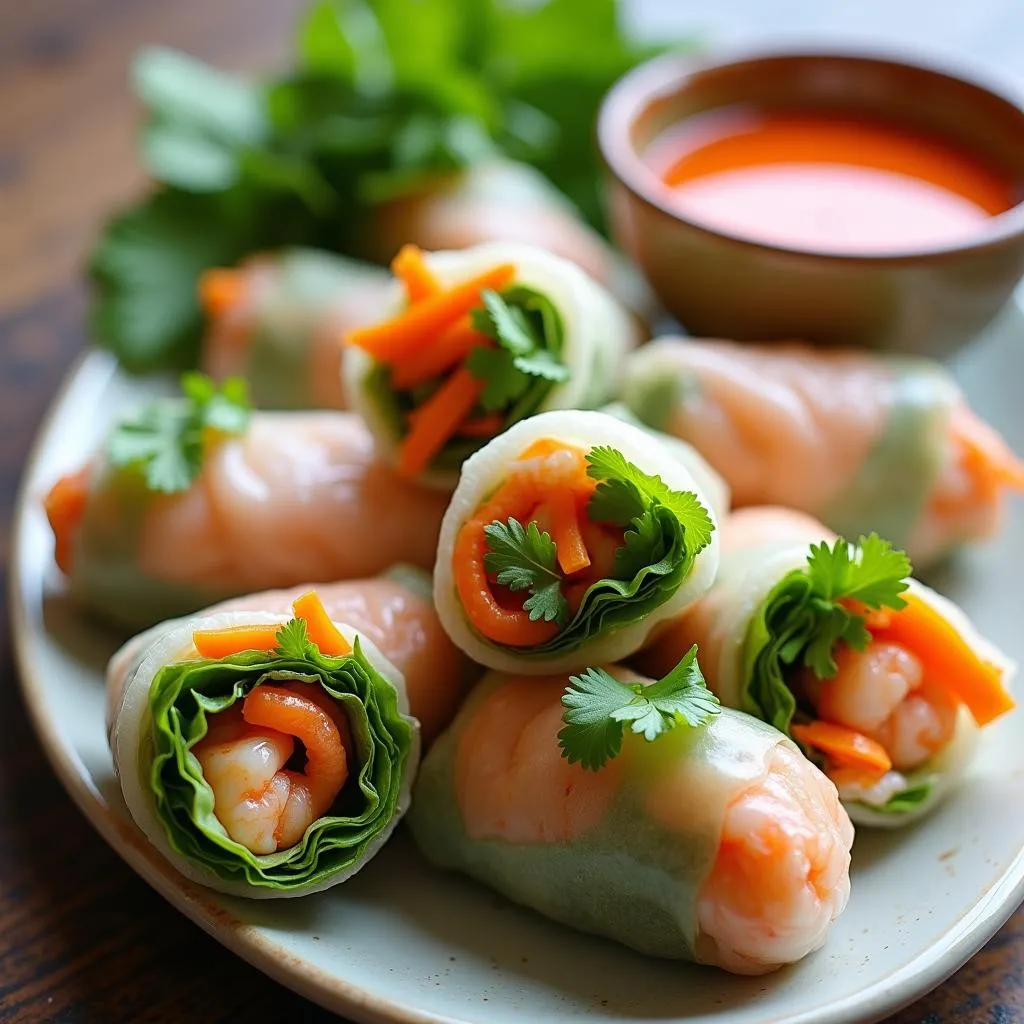 A platter of fresh spring rolls served with Vietnamese dipping sauce