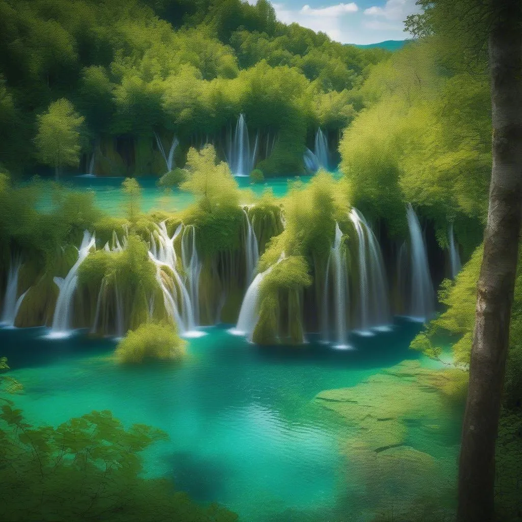 Waterfalls and turquoise lakes in Plitvice Lakes National Park