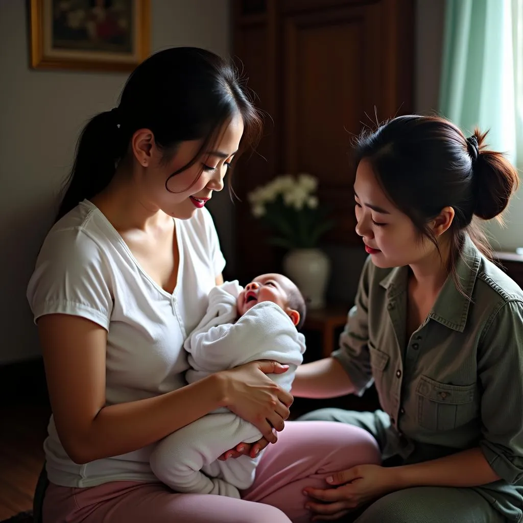 Mother and baby receiving postpartum care in Hanoi