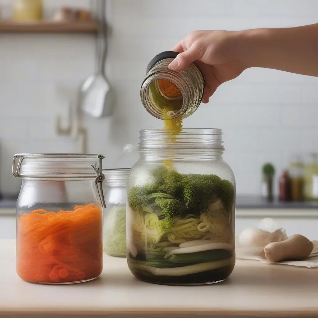 Pouring hot brine into a jar of vegetables for do chua