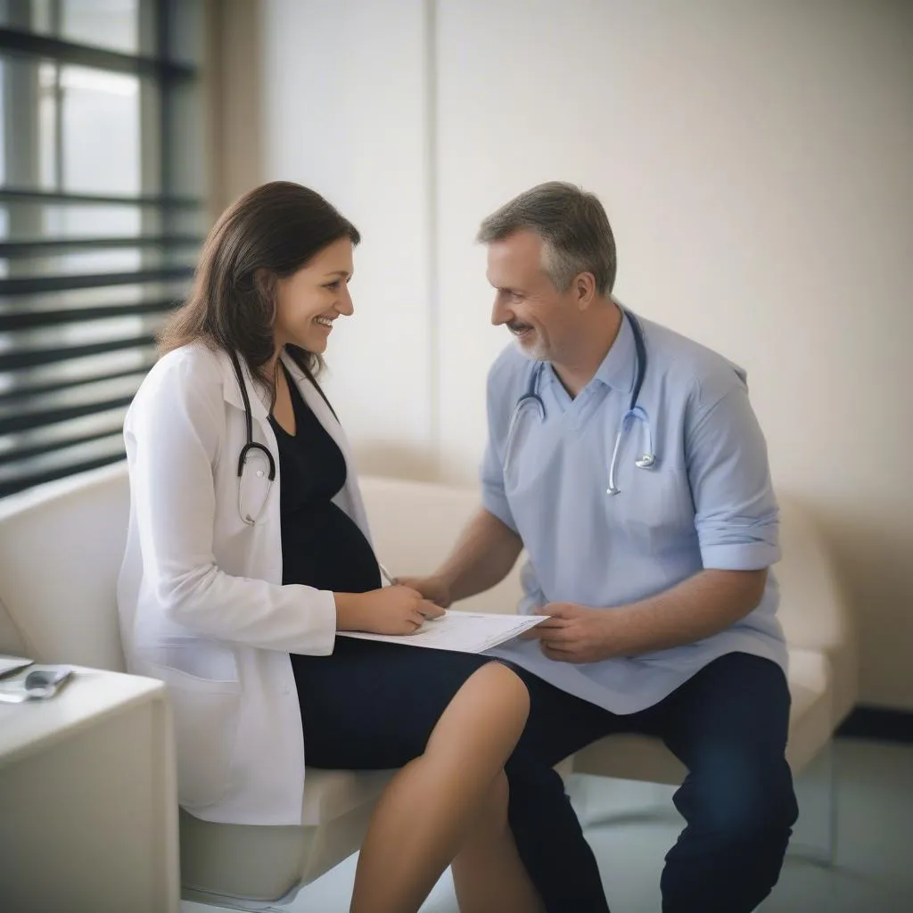 Pregnant woman consulting with her doctor about travel plans