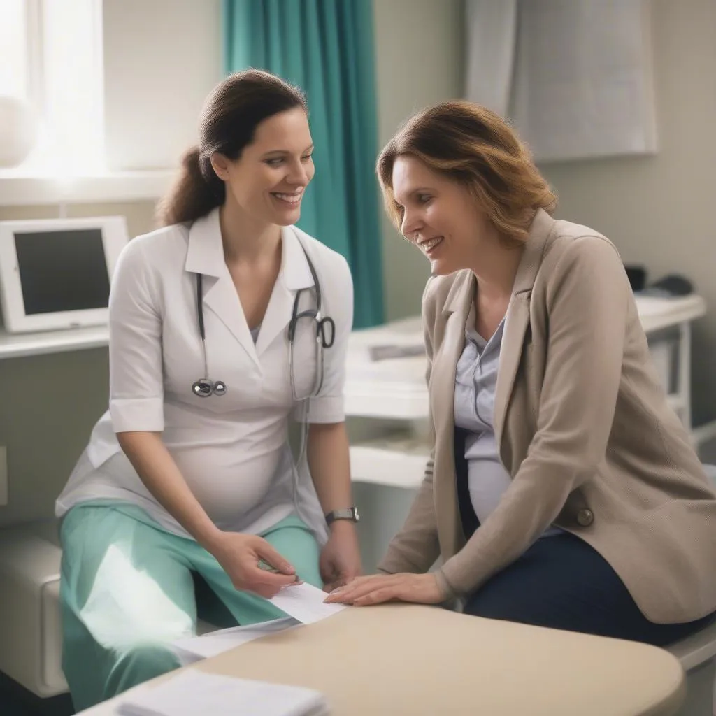 Pregnant woman consulting doctor in clinic