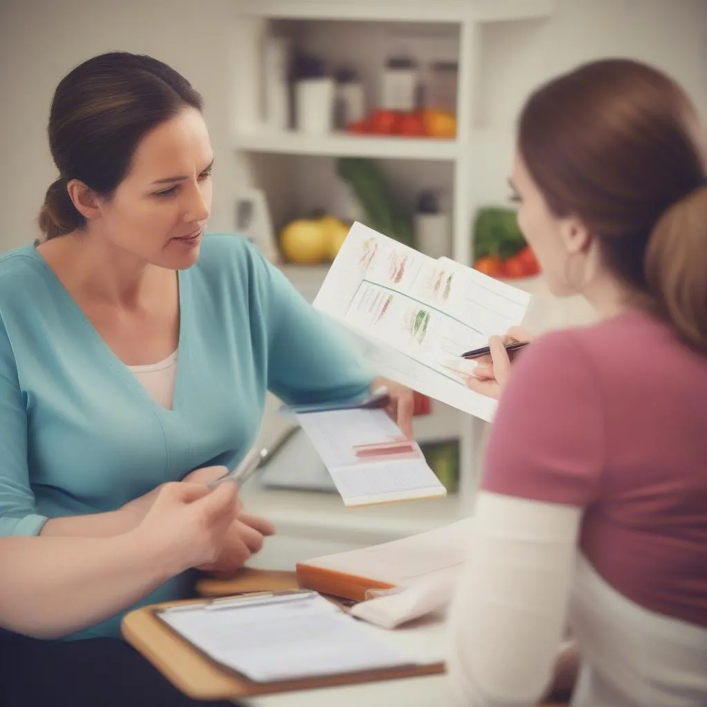 Pregnant woman receiving dietary guidance from her doctor.