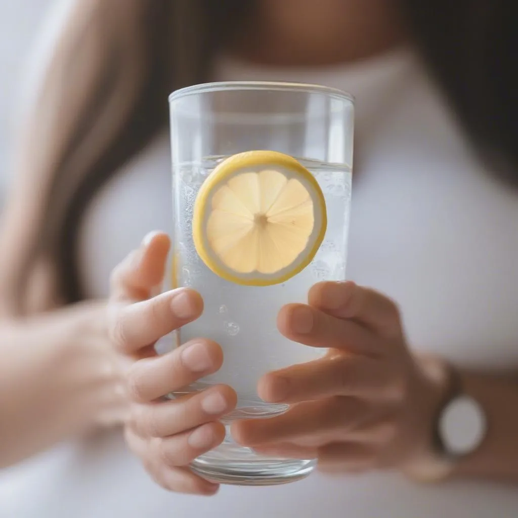 Pregnant woman sipping water with lemon.