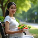 Pregnant woman enjoys a healthy salad in a Hanoi park