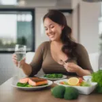 Pregnant woman enjoying a salmon dish