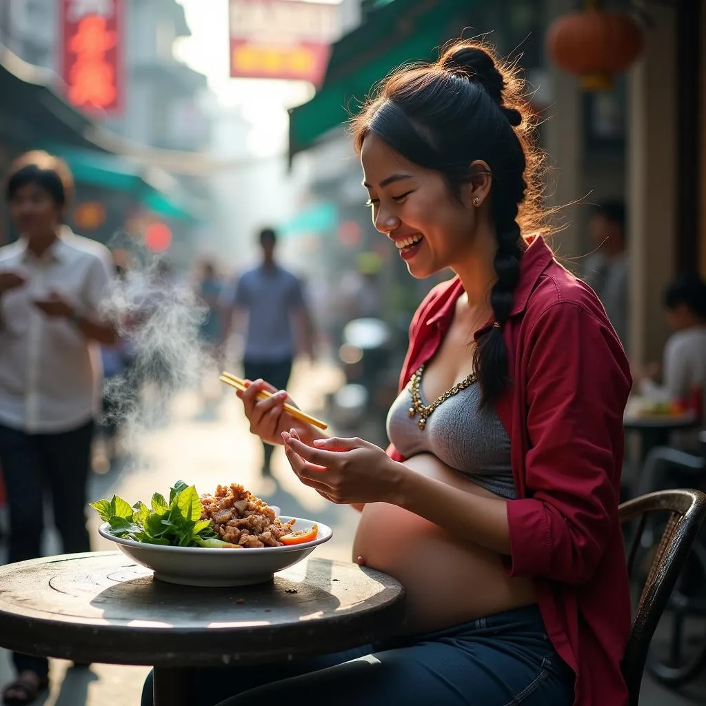 A pregnant woman smiles as she enjoys a bowl of Bun Cha in Hanoi