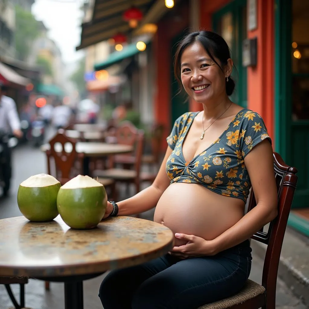 Pregnant woman sipping coconut water