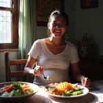 Pregnant woman eating a healthy meal in Hanoi