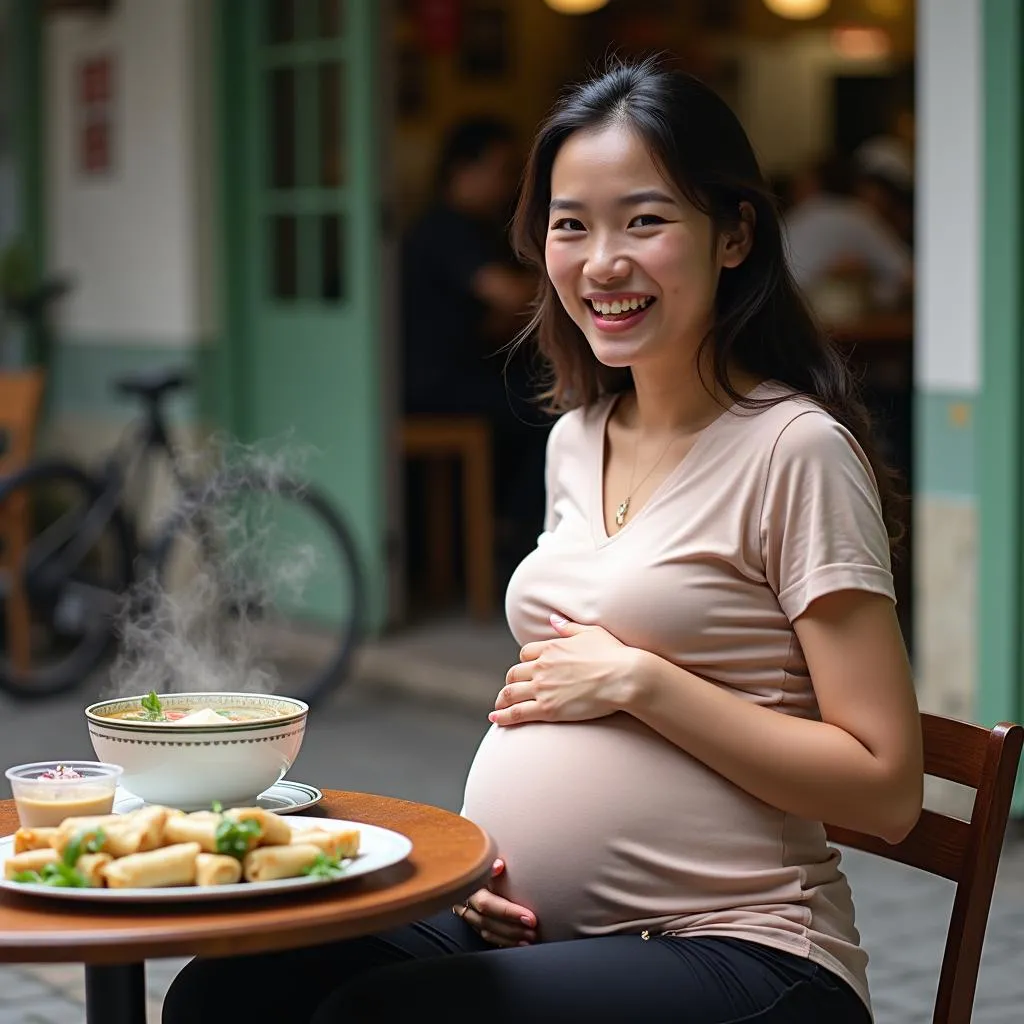 Pregnant woman enjoying a healthy meal in Hanoi