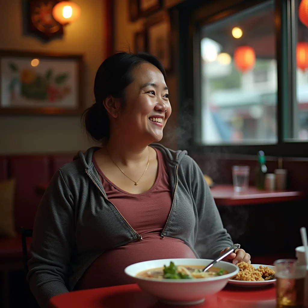 An expectant mother enjoying a bowl of pho at a local restaurant in Hanoi