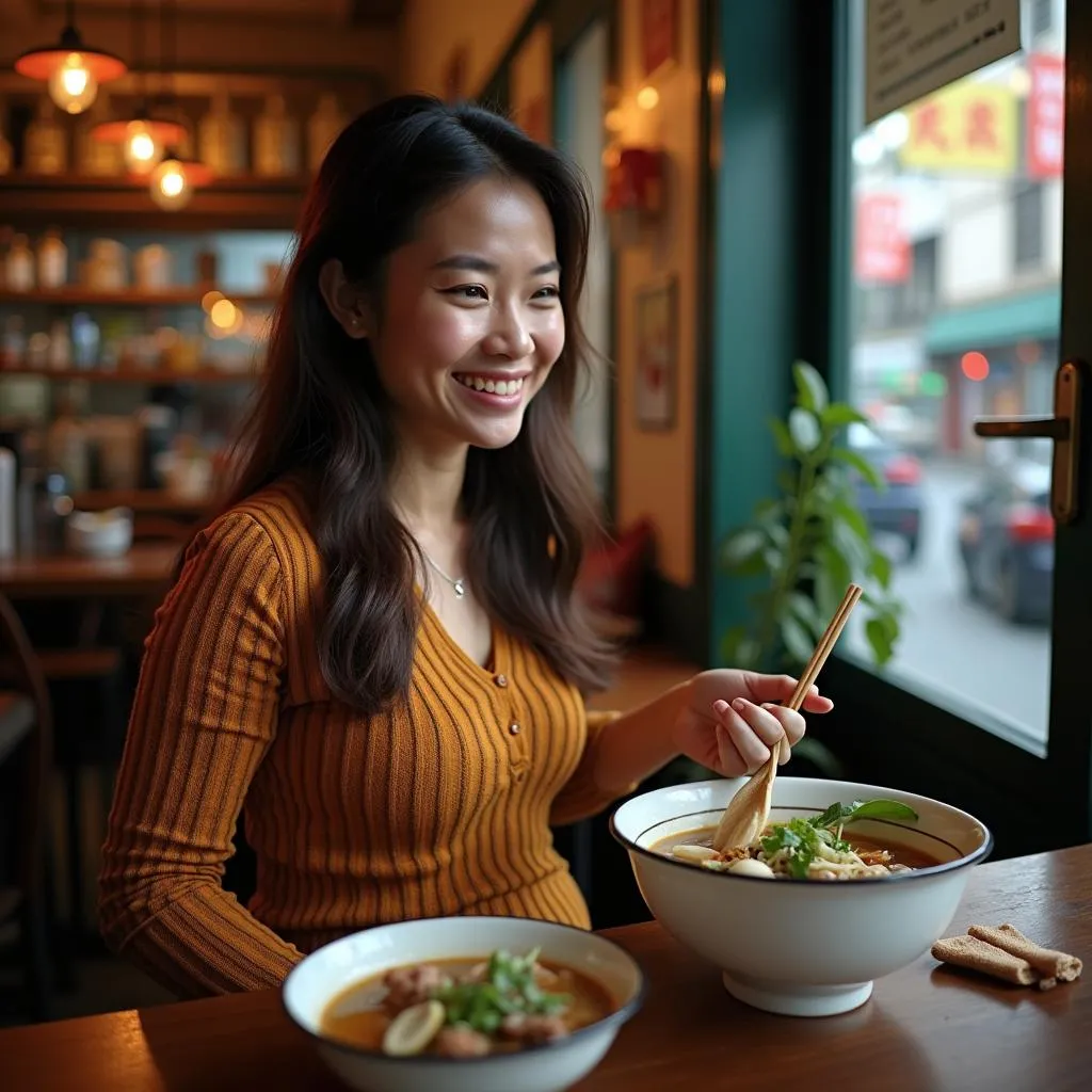 Pregnant Woman Eating Pho in Hanoi