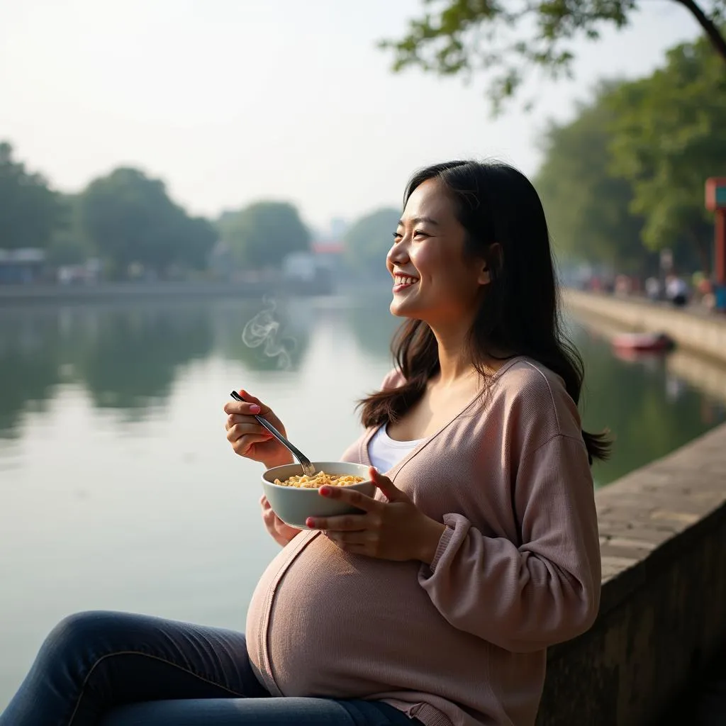 Pregnant Woman Eating Vietnamese Fish Porridge