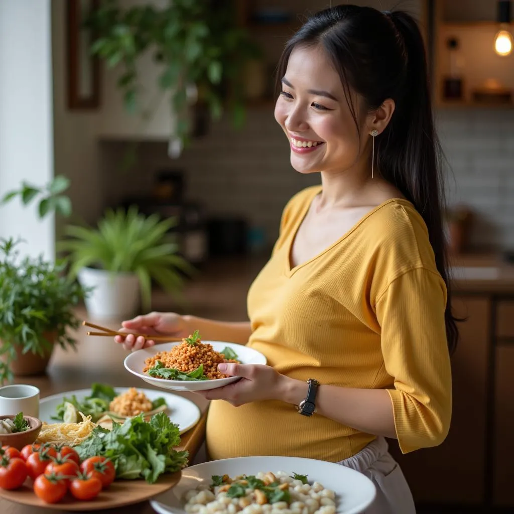 Pregnant woman enjoying Vietnamese cuisine