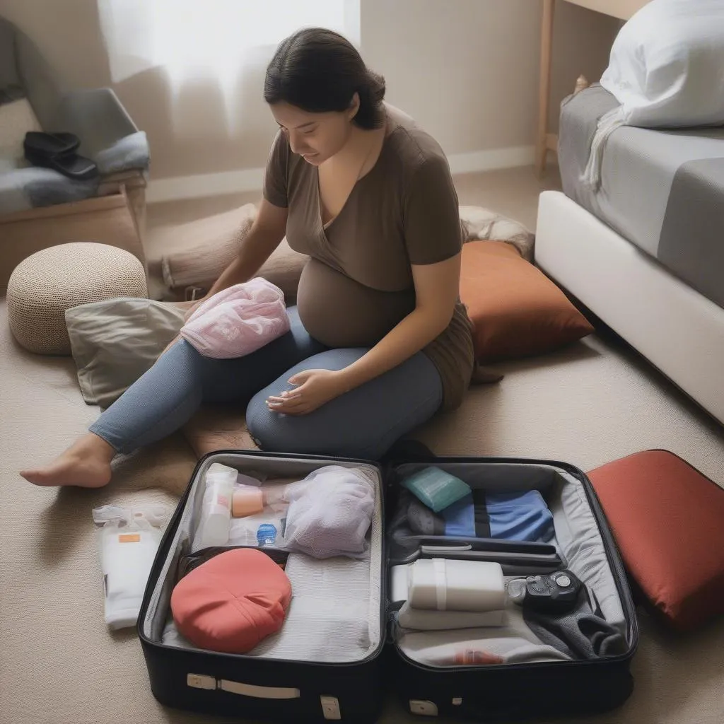 Pregnant woman packing suitcase for trip