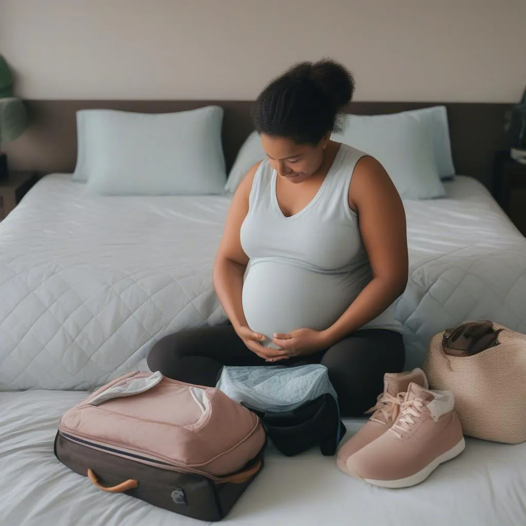 Pregnant woman packing for a trip