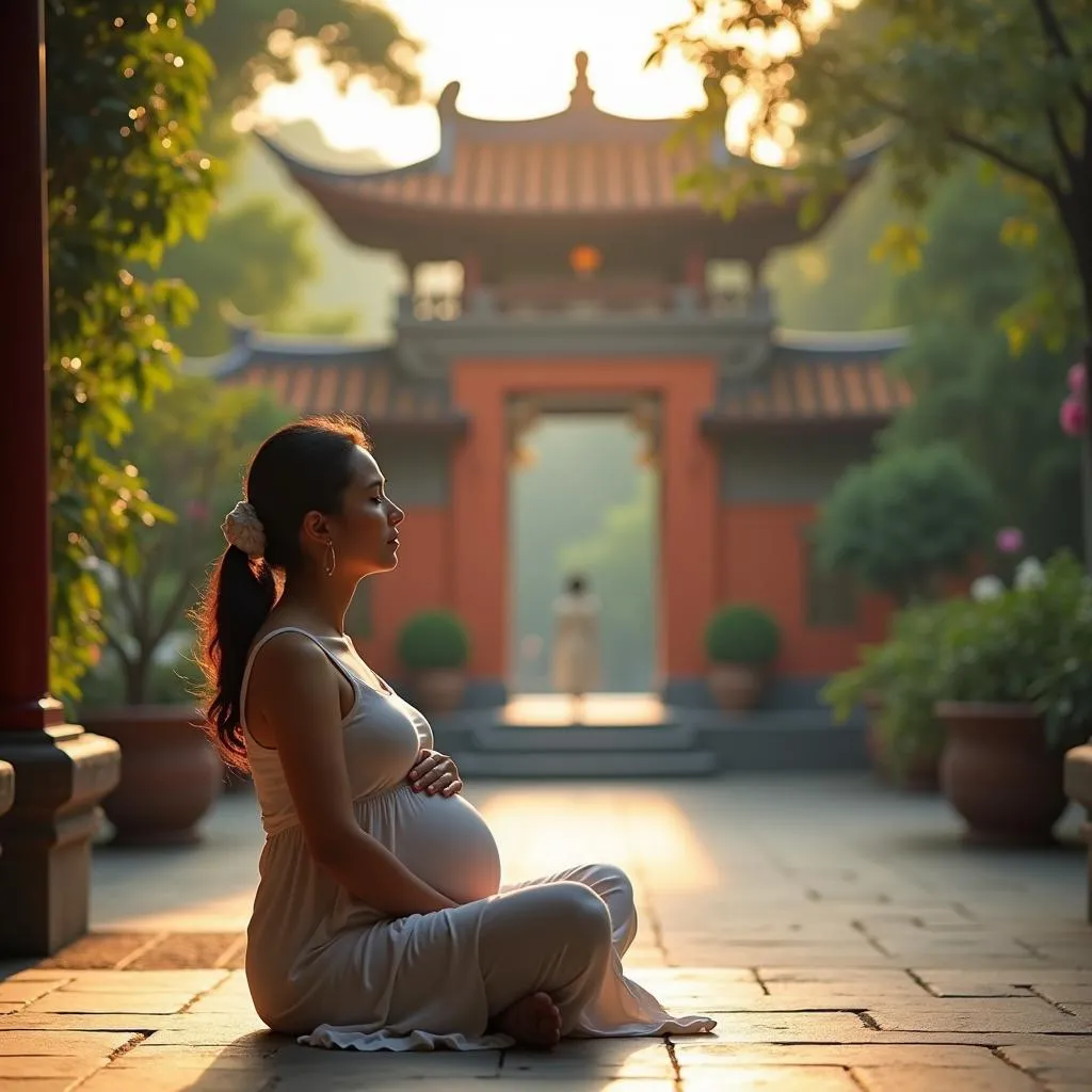 Pregnant woman finding peace at a Hanoi temple 