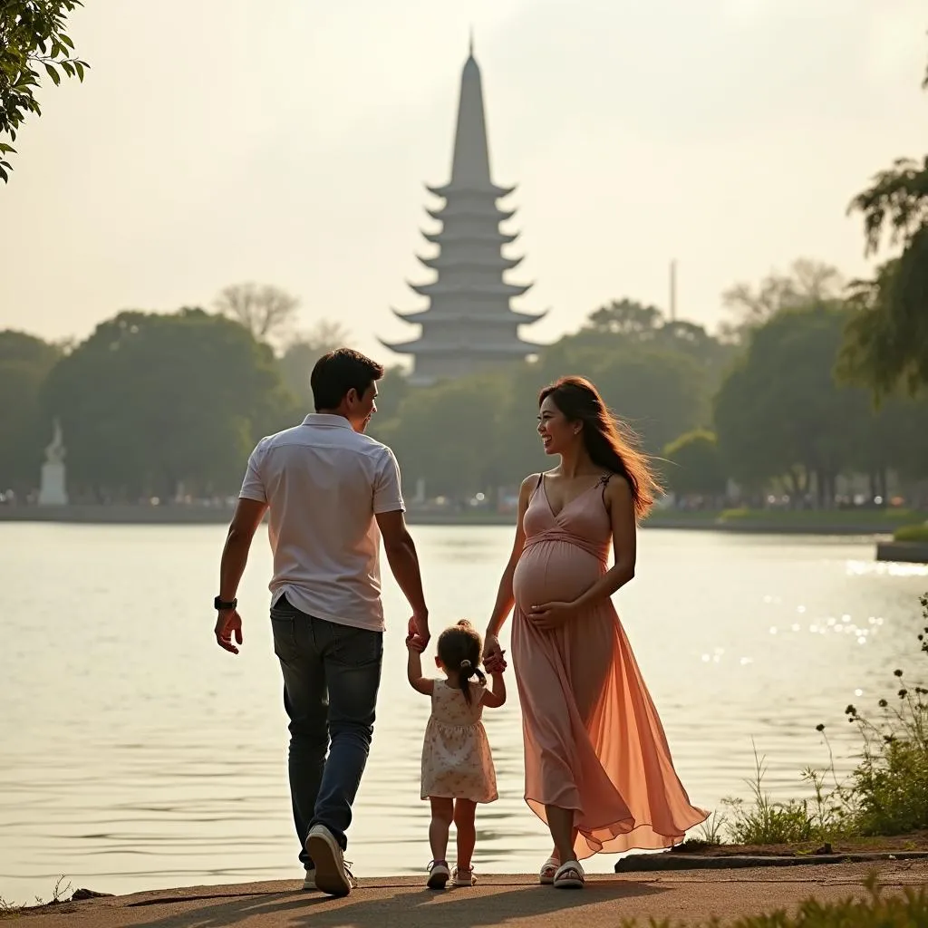 A pregnant woman strolls hand-in-hand with her family by Hoan Kiem Lake