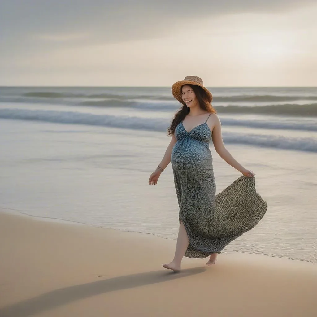 Pregnant Woman Walking on the Beach