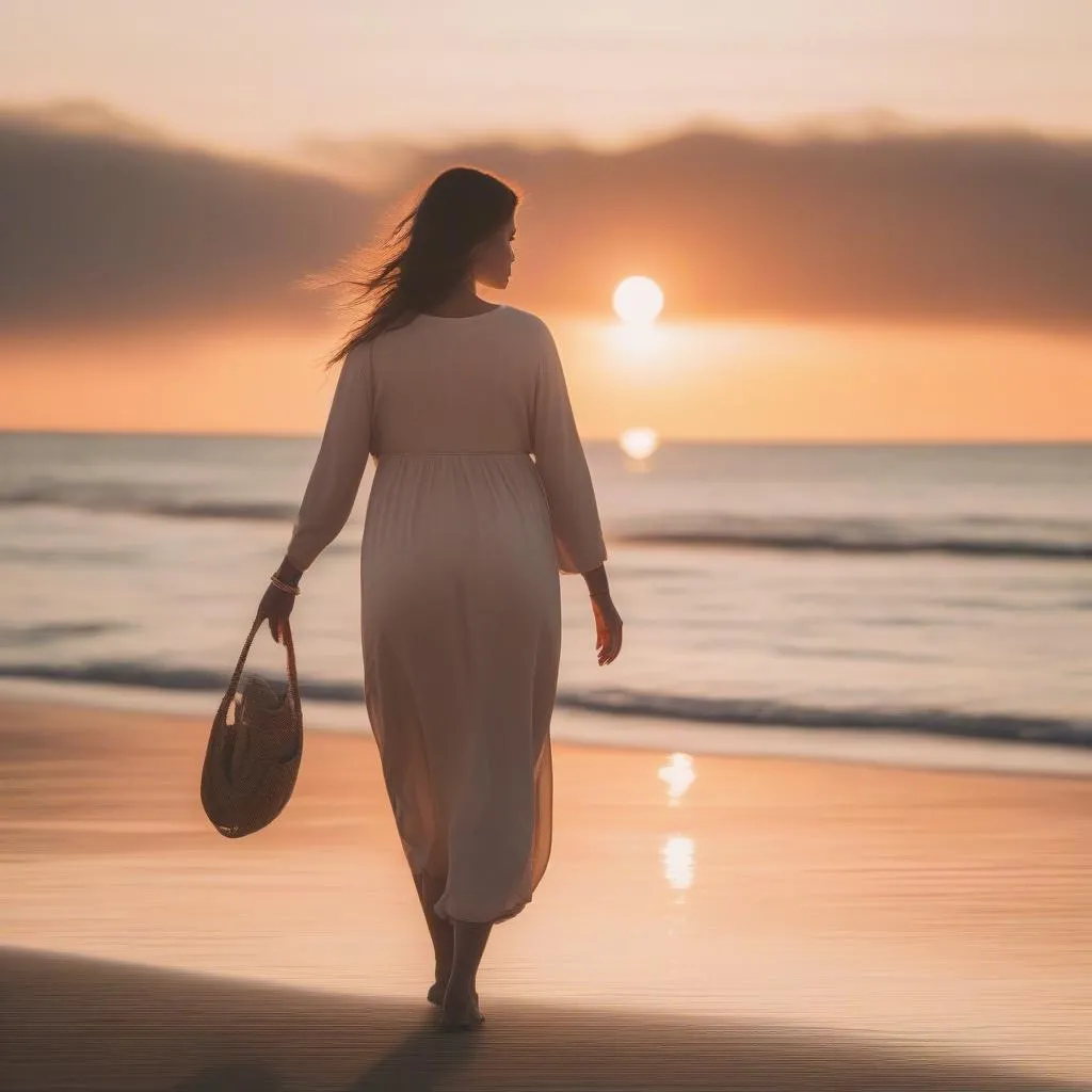 Pregnant woman enjoying a peaceful walk on the beach