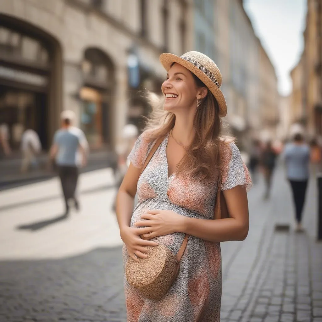 Happy pregnant woman exploring a city