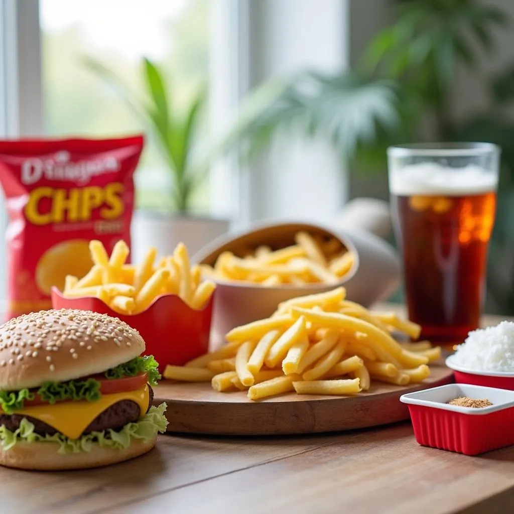 Various processed foods like chips, fast food, and sugary drinks.