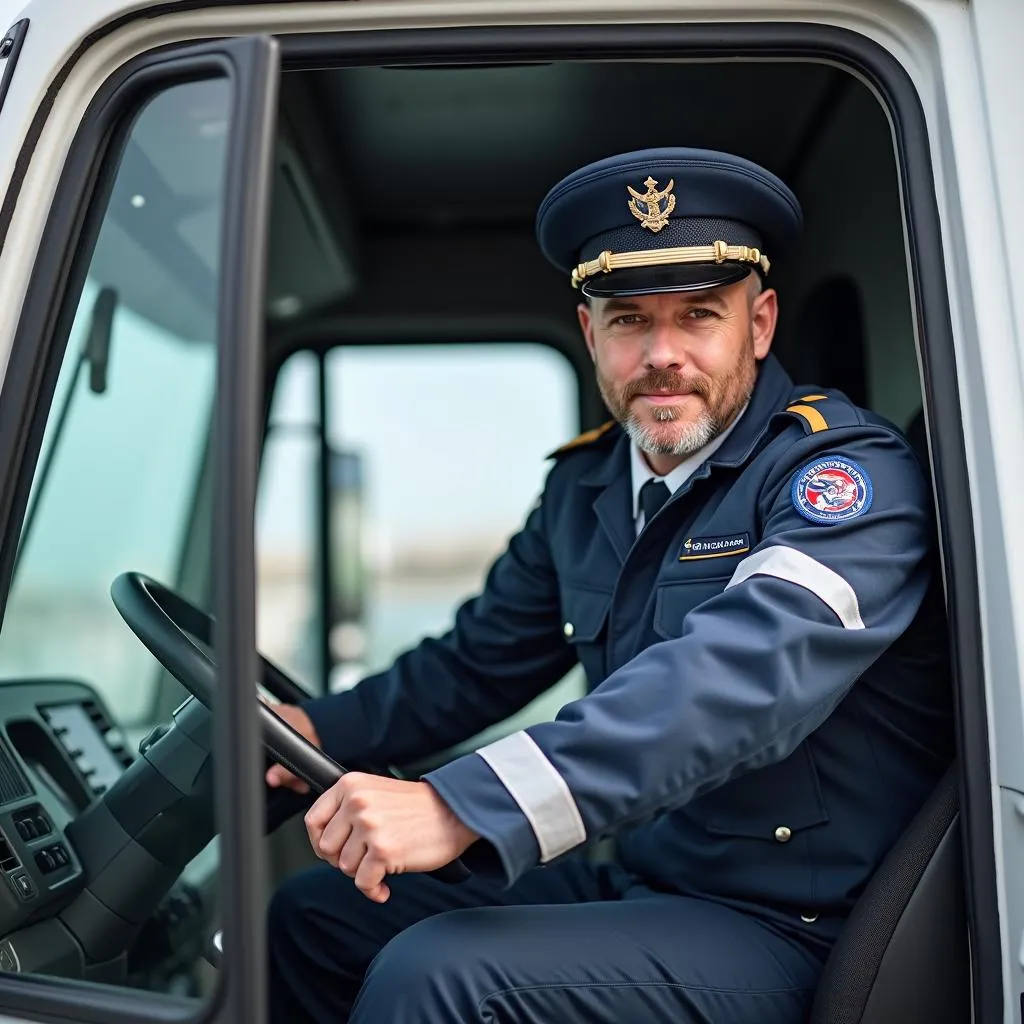 Professional driver transporting goods in a heavy truck