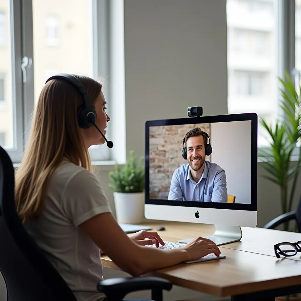 A person attending an online meeting in a professional setting