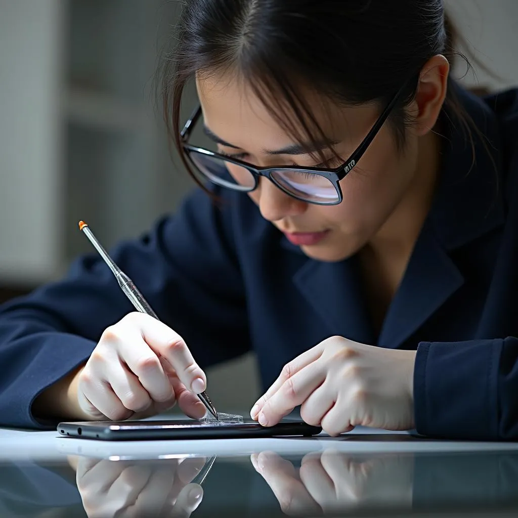 Expert Applying Screen Protector on a Phone in Hanoi