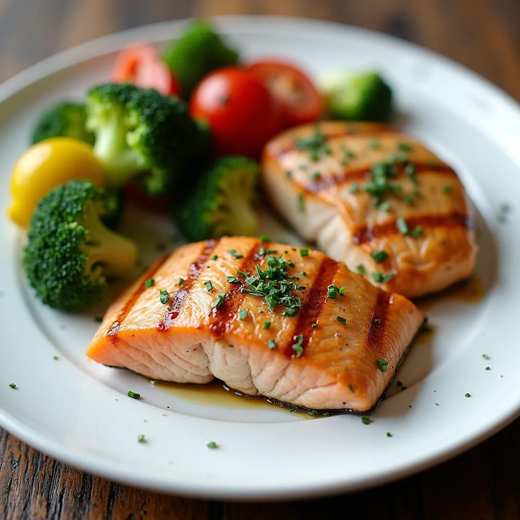 Plate of grilled chicken, fish, and vegetables