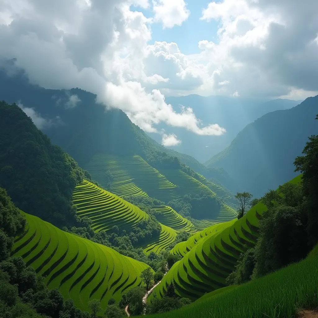 Spectacular view of clouds and rice terraces in Pu Luong