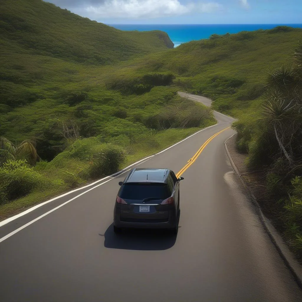 Rental car on a scenic Puerto Rican coastal road