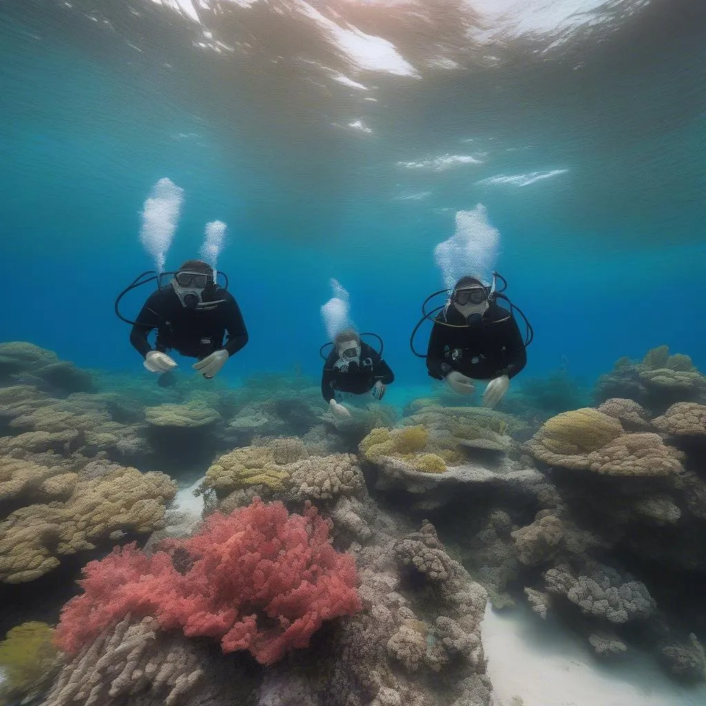 Scuba divers exploring a vibrant coral reef in Punta Cana