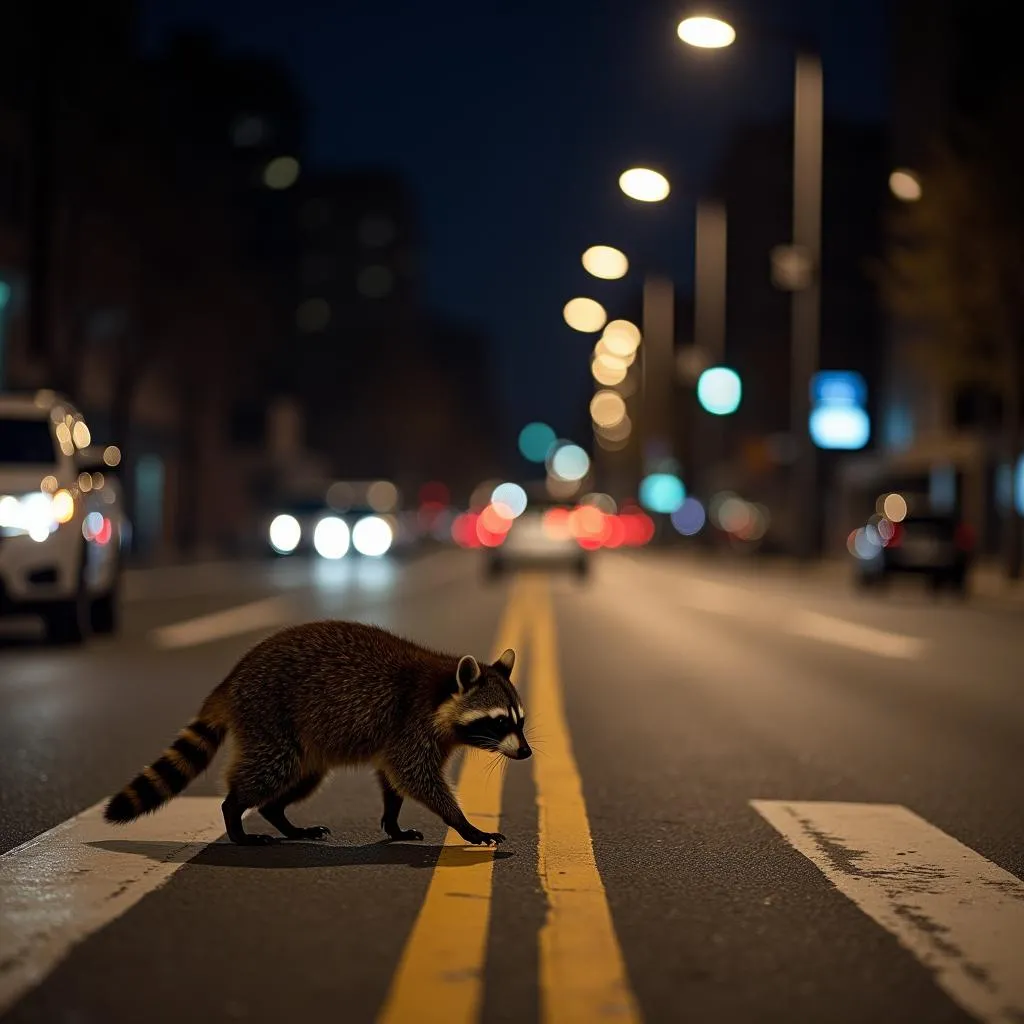 Raccoon navigating city street