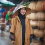 A Vietnamese woman in a traditional rattan raincoat walking through a bustling market