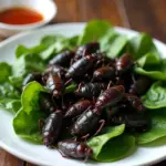 A plate of Rau Song (Water Spinach) served alongside Dế Than (black crickets), a popular street food combination in Hanoi.