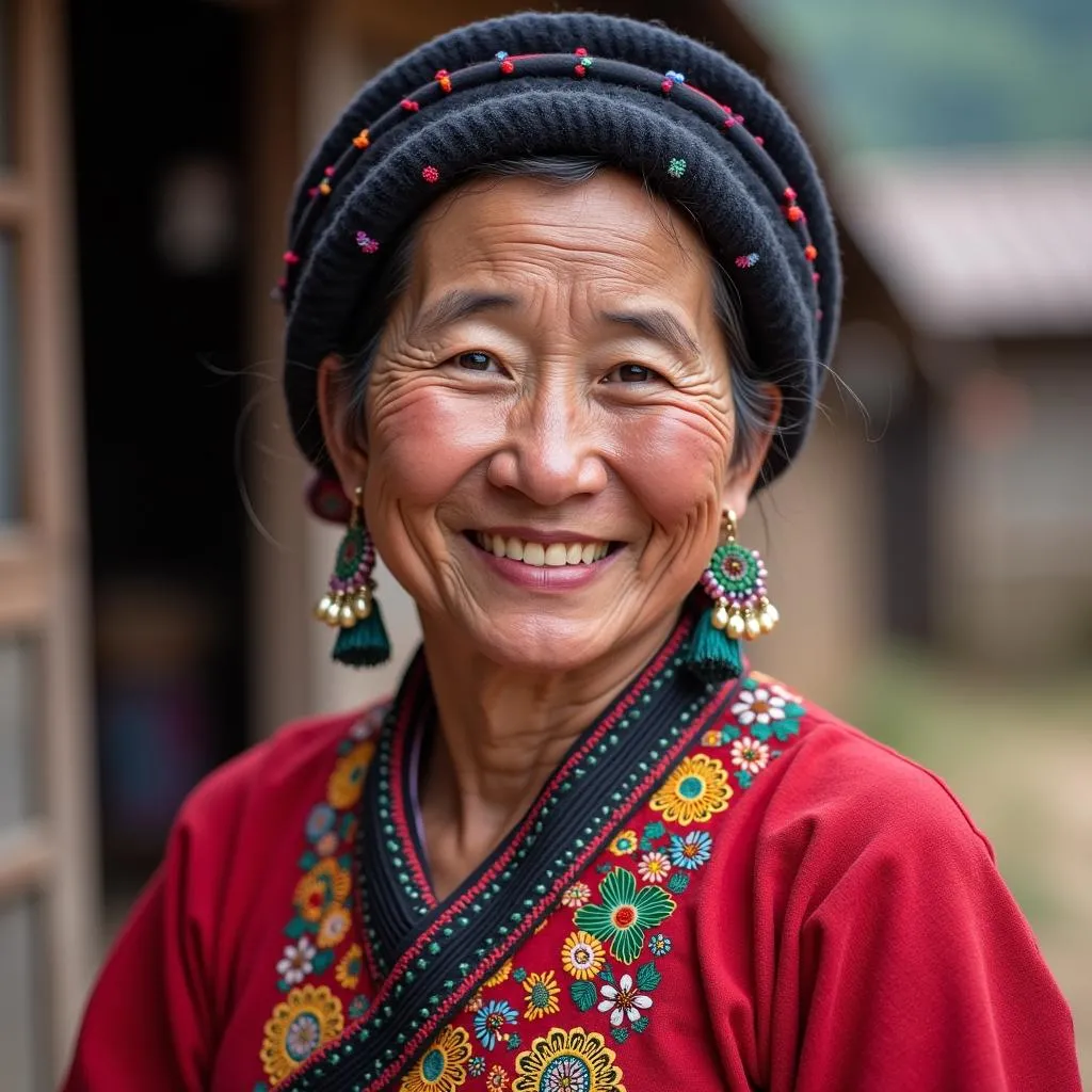 A Red Dao woman showcasing traditional clothing and embroidery