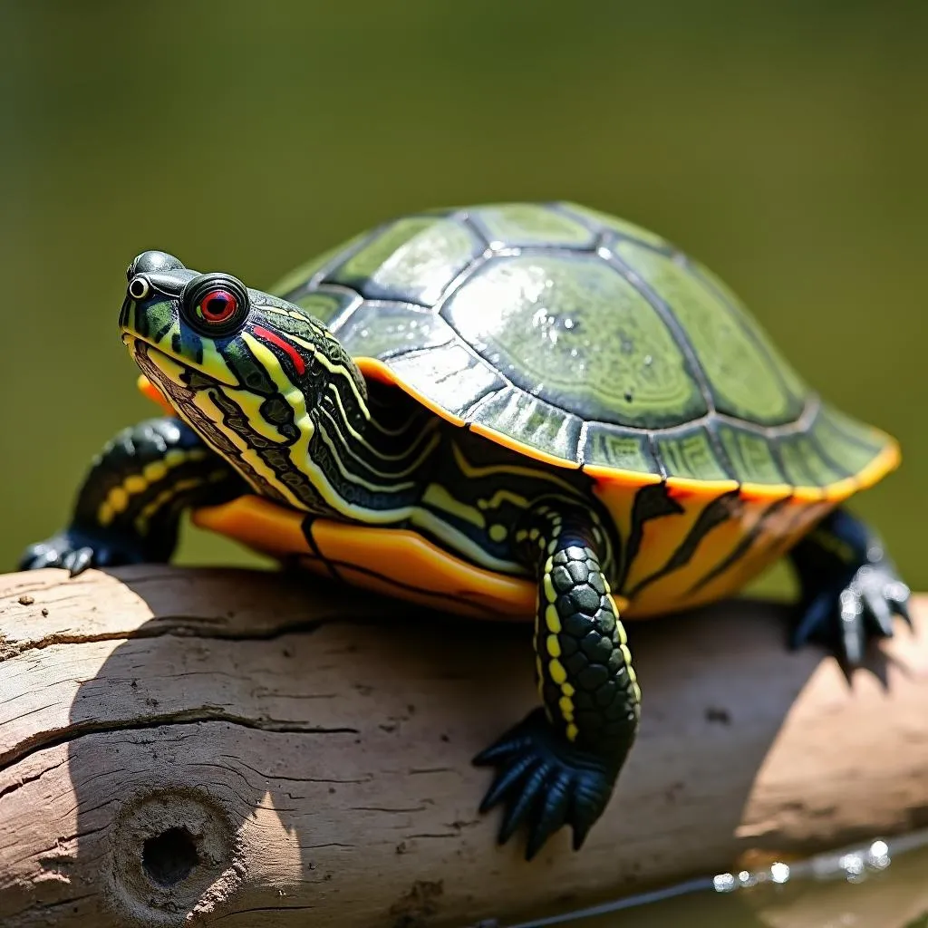 Red-eared slider turtle basking on a log