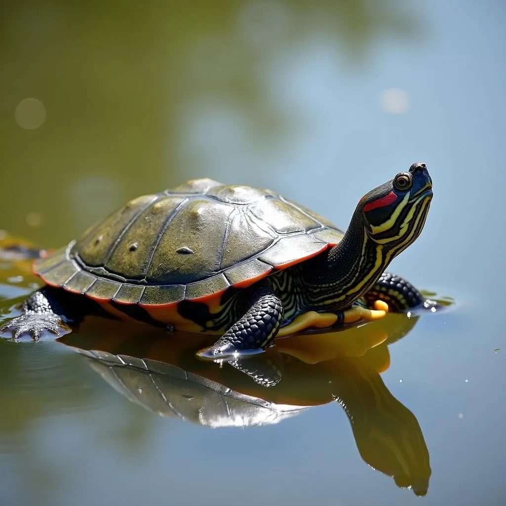 Red-eared slider turtle swimming in a pond