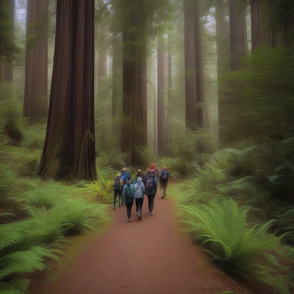 Hikers on a trail in Redwood National Park