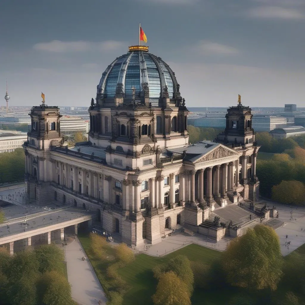 Aerial perspective of the Reichstag Building with Berlin skyline