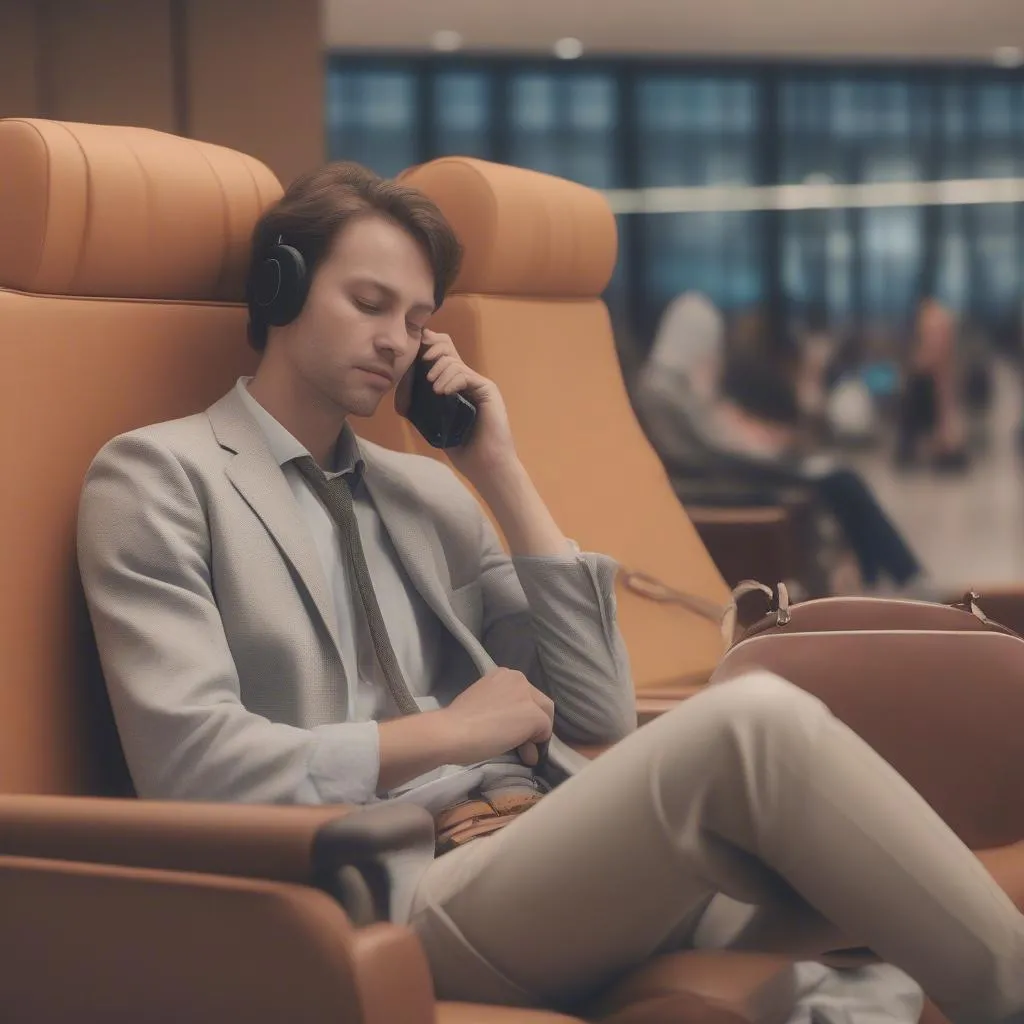 Relaxed traveler in airport lounge on phone