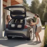 Couple packing luggage into an electric car for a road trip