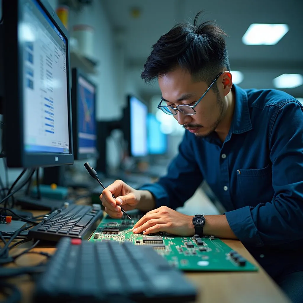 RF engineer analyzing circuit board in Hanoi