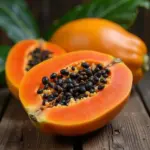 Ripe papaya on wooden table