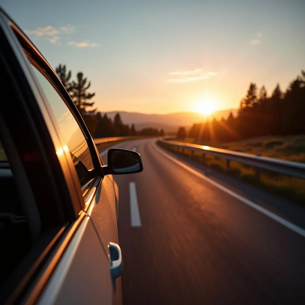 Car driving on a highway during a road trip