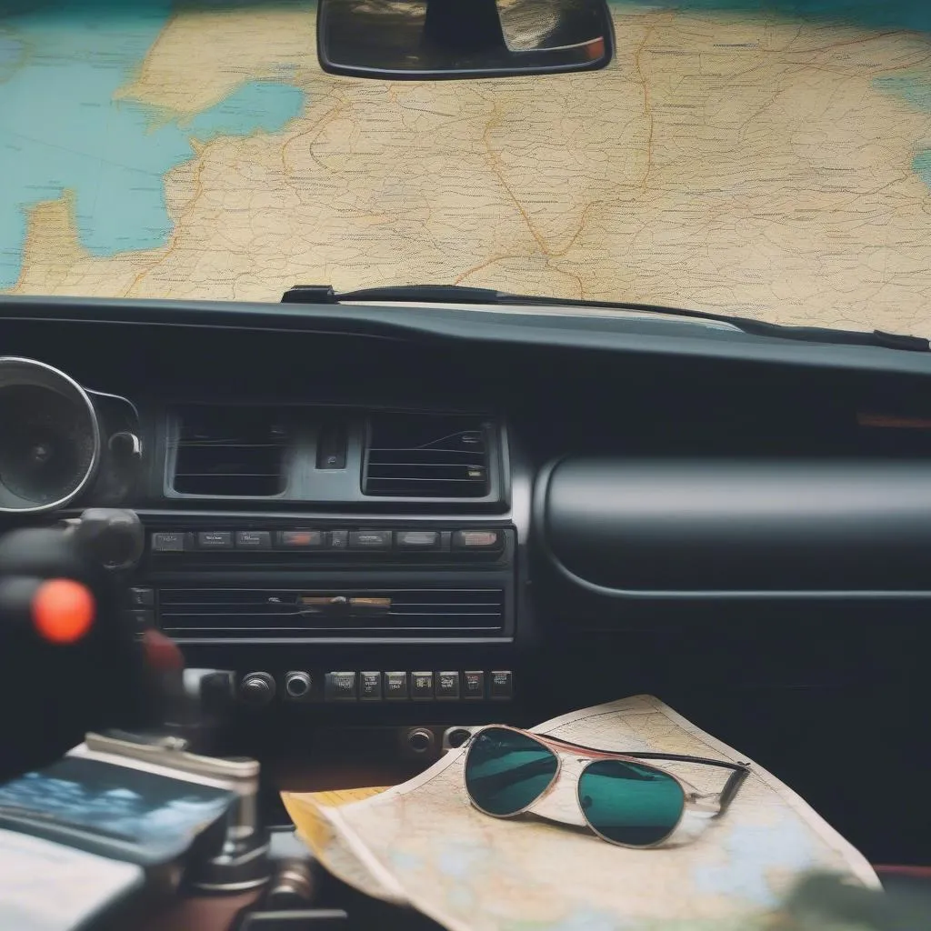 Map, camera, and sunglasses on car dashboard