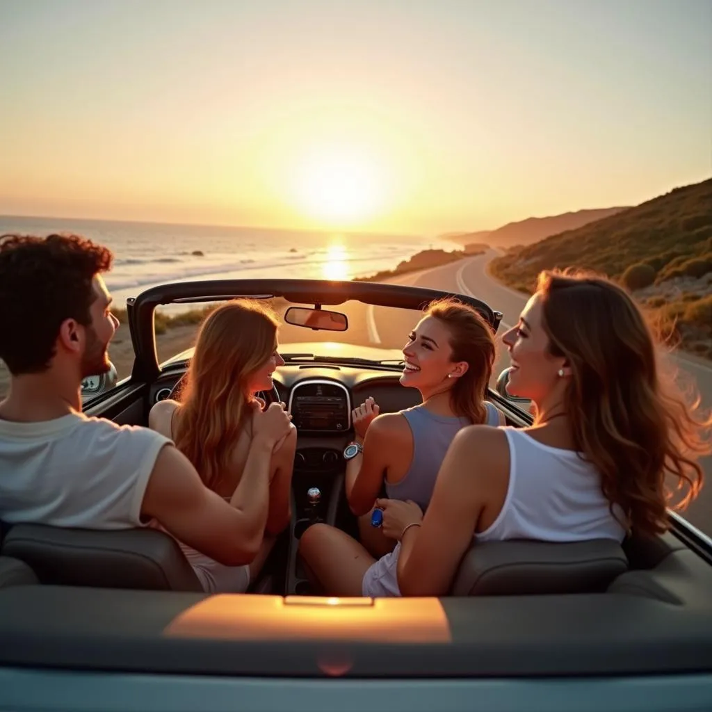 Group of friends enjoying a road trip